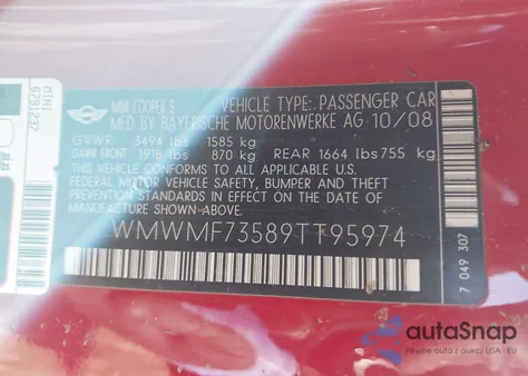 2009 Mini Cooper S из США, поврежденный, VIN WMWMF73589TT95974